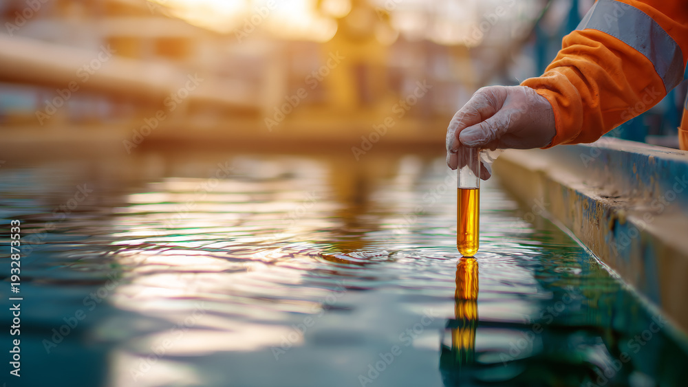 Obraz premium A sewage treatment plant operator testing water sample. Concept of environmental engineering.