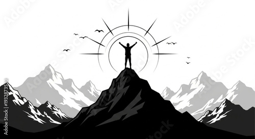 Triumphant figure stands atop mountain peak, arms raised, achieving success and victory.
