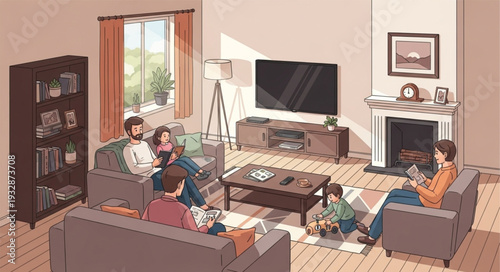 Family relaxing in the living room, enjoying quality time together at home.