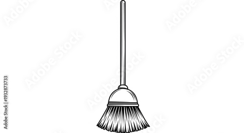 Detailed illustration of a broom, perfect for cleaning and sweeping floors, black and white.