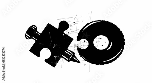 Abstract puzzle piece connecting to a circular element, symbolizing connection and integration in a conceptual design.