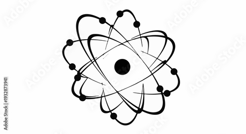Abstract atomic model with orbiting electrons on a white background, symbolizing science and discovery.