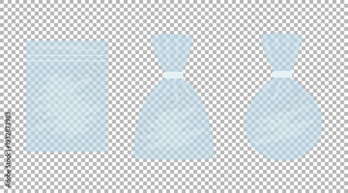Set of three transparent plastic bag. Empty cellophane packaging for food product and small item. Concept of retail, storage, and protection. Vector illustration