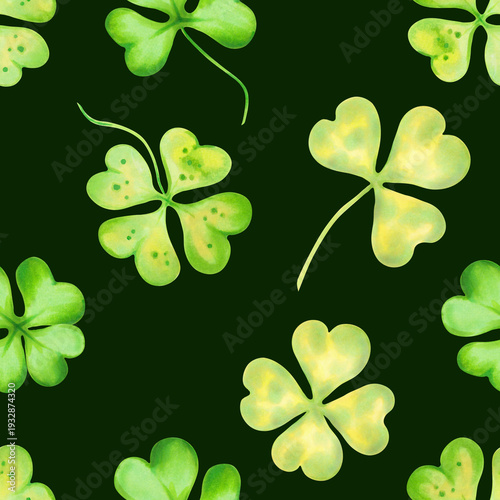 Seamless pattern with fourleaf clovers. Watercolor illustrations. Hand drawn isolated art. Irish symbol of St. Patrick's Day. Background for packaging, fabric, textiles, wallpaper.
