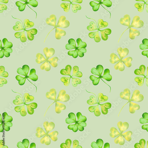 Seamless pattern with four leaf clovers. Watercolor illustrations. Hand drawn isolated art. Irish symbol of St. Patrick's Day. Design for packaging, fabric, textiles, wallpaper and backgrounds.