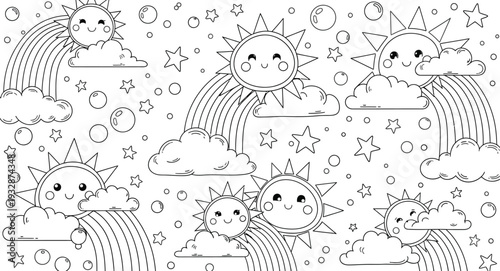A black and white illustration of multiple smiling cartoon hedgehogs in a whimsical setting with flowers and leaves