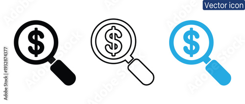Set of magnifying glass icons examining dollar signs for financial analysis