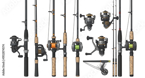 Collection of various fishing rods and reels displayed for angling enthusiasts.