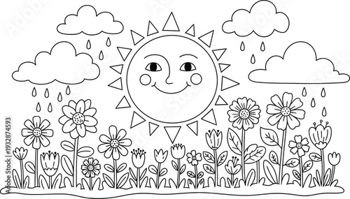 A smiling sun shining down on a field of flowers on a rainy day with clouds and raindrops