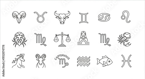 Zodiac signs symbols in a line, astrology concept, celestial design, horoscope signs.