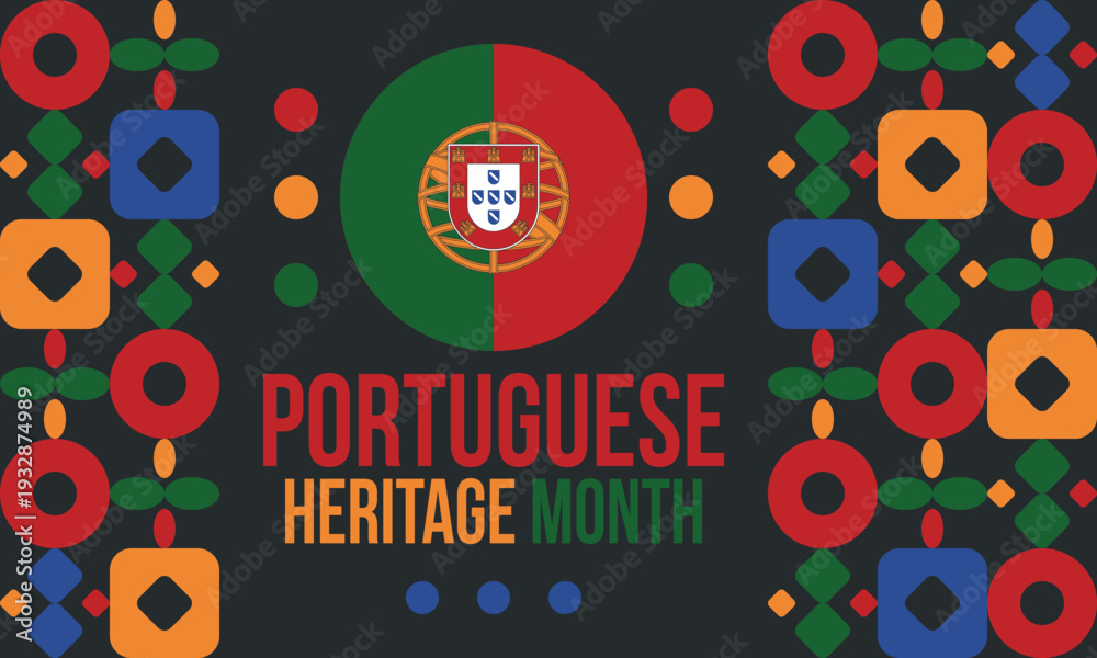 Obraz premium Portuguese Heritage Month Graphic with National Flag Emblem and Traditional Folk Art Patterns. Portugal flag. Vector illustration