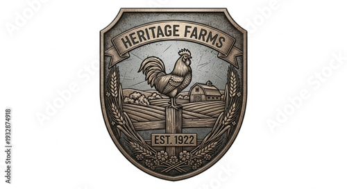 Heritage Farms emblem featuring a rooster, wheat, and farm scene, established in 1922.