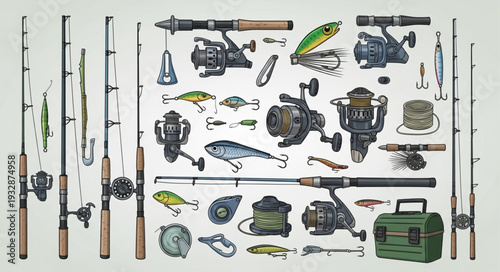 Collection of fishing rods, reels, and lures, ready for angling adventures.