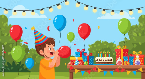Young Boy Celebrating Birthday Party Outdoors.