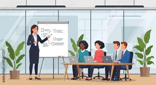 Businesswoman presenting strategy to diverse team in modern office.