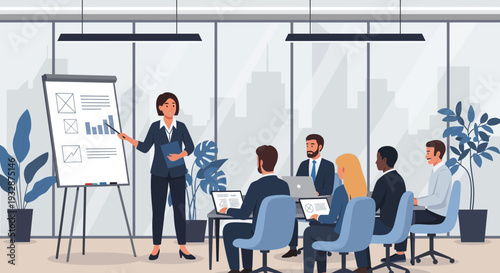 Businesswoman presenting data on flip chart to colleagues in meeting room.