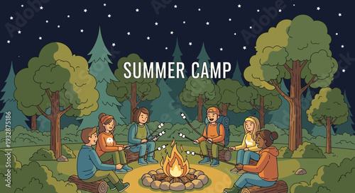 Children enjoying summer camp campfire stories and roasting marshmallows.
