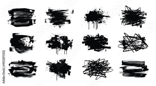 Collection of black ink brush strokes and splatters isolated on white background for creative design