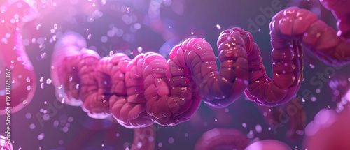 The glowing loops of the intestine in this medical illustration demonstrate the complexity of internal processes — such material would be appropriate as scientific background 