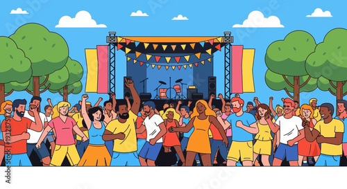 Diverse crowd enjoying outdoor music festival performance.