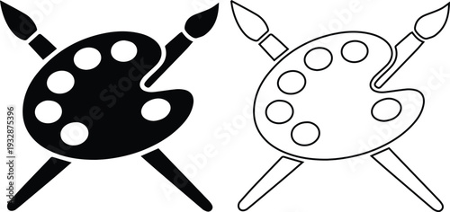 Minimalist artist palette icon set with crossed paintbrushes for creative fine art studios, graphic design branding, professional painting education, and hobbyist craft symbols.