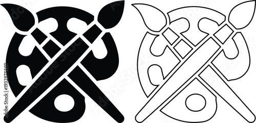 Minimalist art palette icon featuring a crossed paintbrush and pen for graphic design studios, creative education, drawing hobbies, and digital artist illustration symbols.