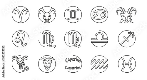 Zodiac signs arranged in circular frames, representing astrological concepts and symbols.