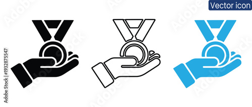 Modern vector illustrations of hands holding medal icons in black, white, and blue, conveying achievement and recognition in a professional and inspiring way
