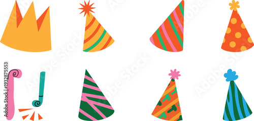 Hand Drawn Birthday Party Hats and Doodle Party Blowers Vector Set with Colorful Stripes and Polka Dots, Kids Celebration Design Elements Isolated on Transparent Background