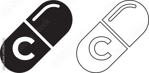 Minimalist vitamin C pill icon featuring a medical capsule symbol for healthcare pharmacy branding, nutritional wellness supplements, and immune system health treatment graphic design.