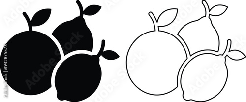 Minimalist citrus fruit icon set featuring a fresh orange and lemons in solid silhouette and outline styles for healthy food, organic diet, and juice brand graphic design.