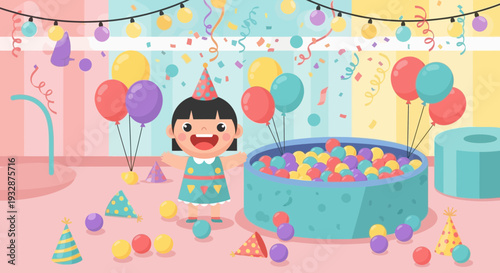 Happy Cartoon Girl Celebrating Birthday Party Fun.