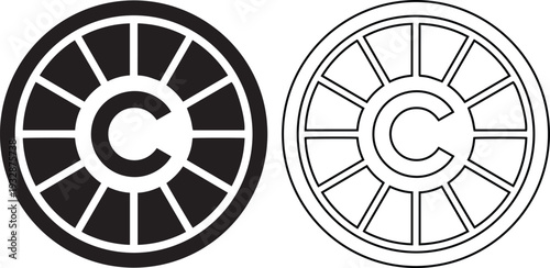 Minimalist copyright seal icon set featuring a letter C in a segmented circle for intellectual property protection, legal rights badges, and authorship brand trademark stamp designs.