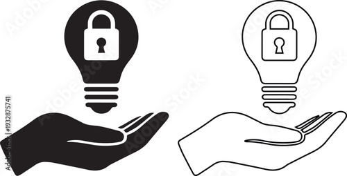 Minimalist icon of a hand holding a lightbulb with a padlock inside illustrating intellectual property protection, secure creative ideas, and patent innovation safety concepts.