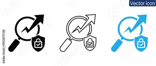 Set of security and growth icons with magnifying glass and shield