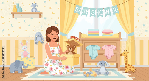 Joyful mother opening baby shower gift box with teddy bear.