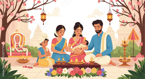 Indian Family Celebrating Namkaran Ceremony with Newborn Baby.