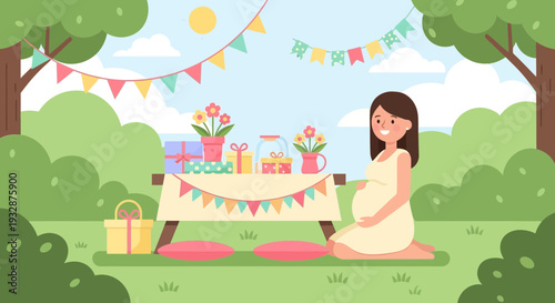 Pregnant woman enjoying a baby shower picnic celebration outdoors.