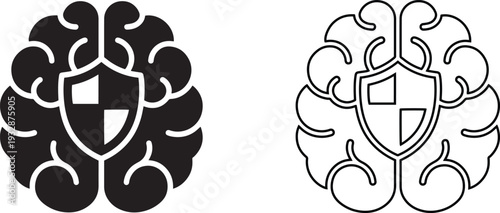 Minimalist brain and shield icon set for mental health protection, psychological resilience, intellectual property security, and cognitive healthcare graphic design symbols.