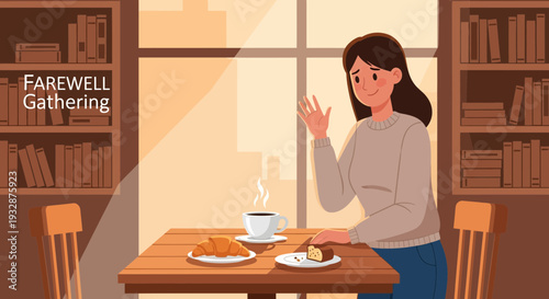 Sad Woman Waving Goodbye at Farewell Gathering.