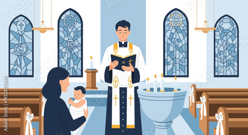Priest Performing Baptism Ceremony with Mother and Baby.