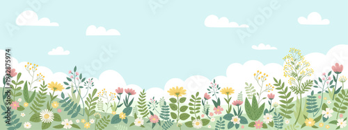 Blooming spring or summer meadow with colorful wild flowers, scenic hand drawn vector countryside panorama