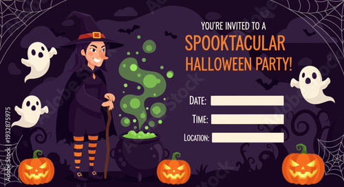 Spooktacular Halloween Party Invitation with Witch and Ghosts.