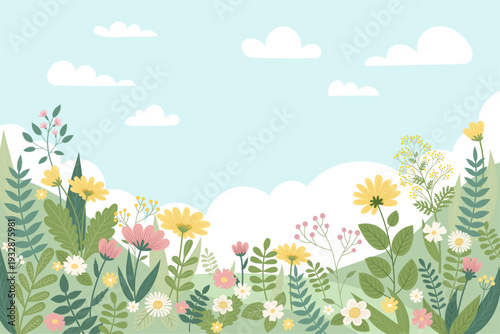 Spring or summer blooming meadow. Many wild flowers on sky background in hand painted style. Vector panoramic summer or spring landscape, wild flowers on green hills