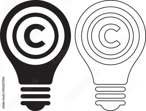 Minimalist lightbulb icon featuring a copyright symbol inside for intellectual property protection, legal patent rights, and creative idea ownership graphic design.