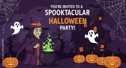 Spooktacular Halloween Party Invitation with Witch and Pumpkins.