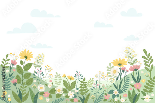 Panoramic wildflower field under blue sky, hand painted vector landscape with blooming meadow and rolling green hills