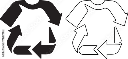 Minimalist recycled clothing icon featuring a t-shirt made of recycling arrows for sustainable fashion brands, eco-friendly apparel, and textile waste reduction campaigns.