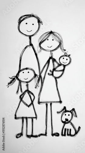 Childlike Family Drawing with Dog on White