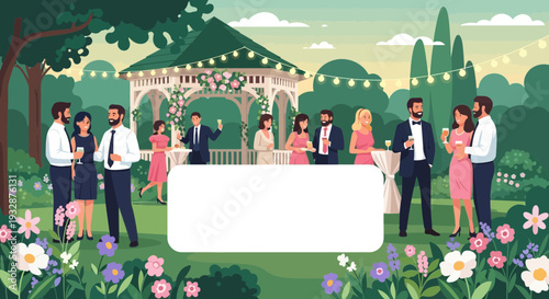 Wedding guests mingling at an outdoor reception.